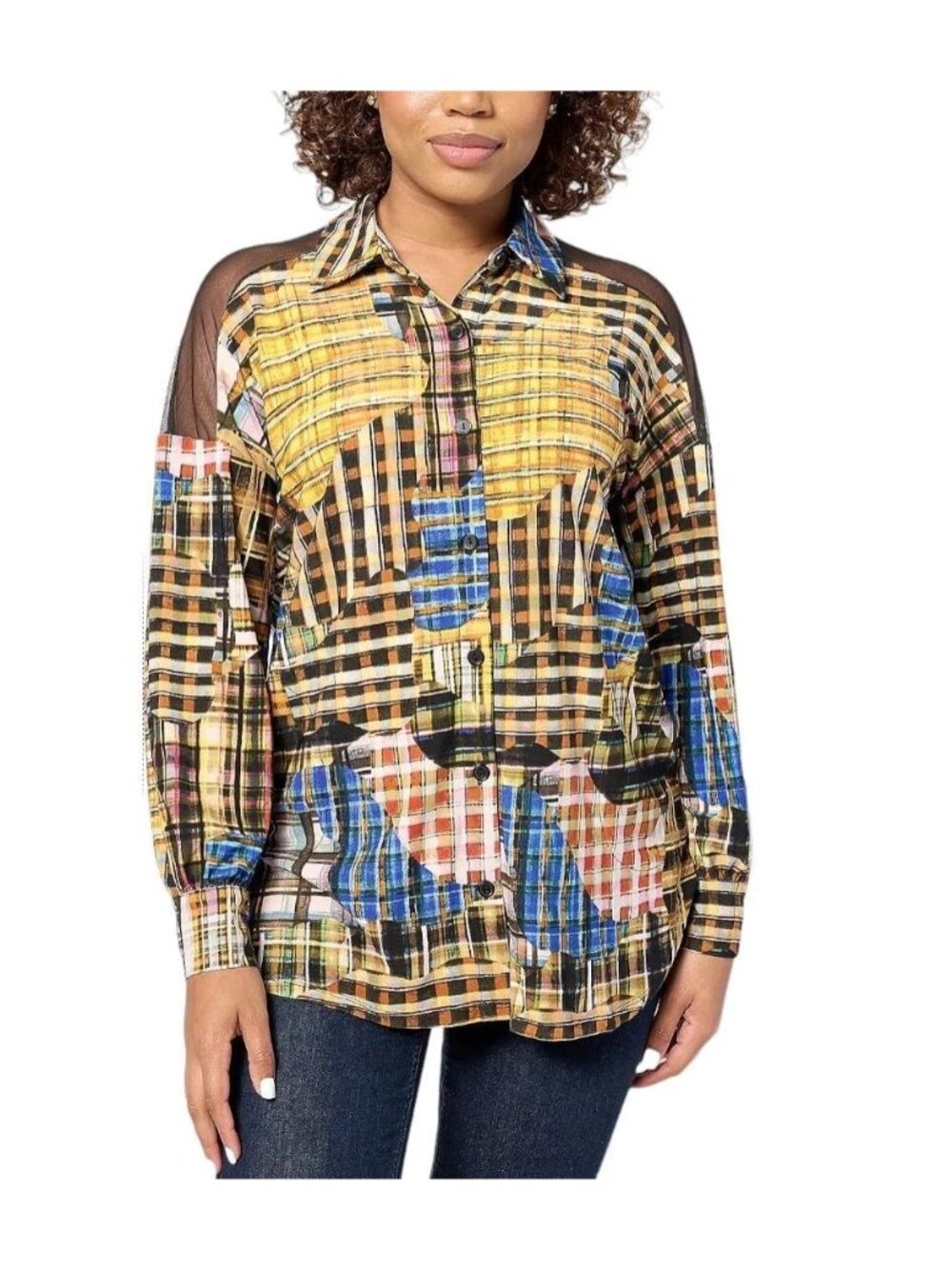 Attitudes by Renee Shirt Small Como Jersey Mesh Shoulder Printed Patch Plaid NEW